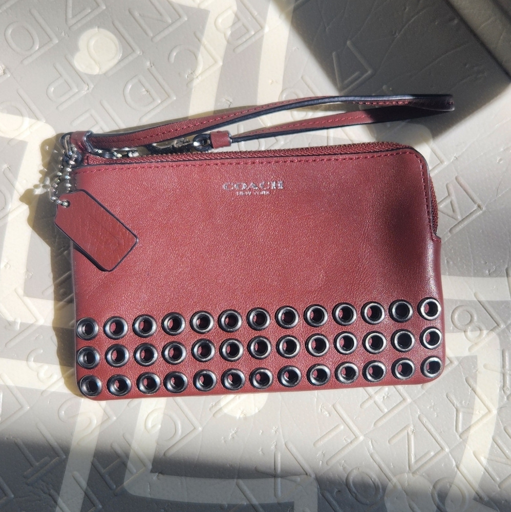 Coach Wristlet: Brick Color With Gunmetal Rivets